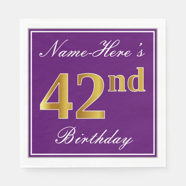 Elegant Purple, Faux Gold 42nd Birthday + Name Napkins (Front)