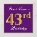 [ Thumbnail: Elegant, Purple, Faux Gold 43rd Birthday + Name Invitation ]