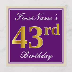Elegant, Purple, Faux Gold 43rd Birthday + Name Invitation