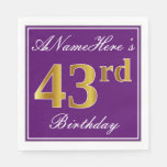 [ Thumbnail: Elegant Purple, Faux Gold 43rd Birthday + Name Napkins ]