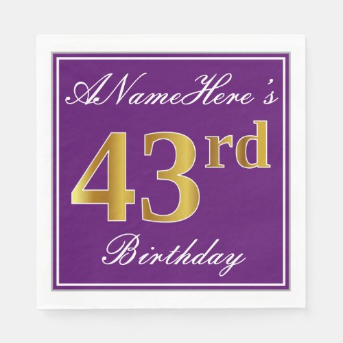 Elegant Purple Faux Gold 43rd Birthday  Name Napkins