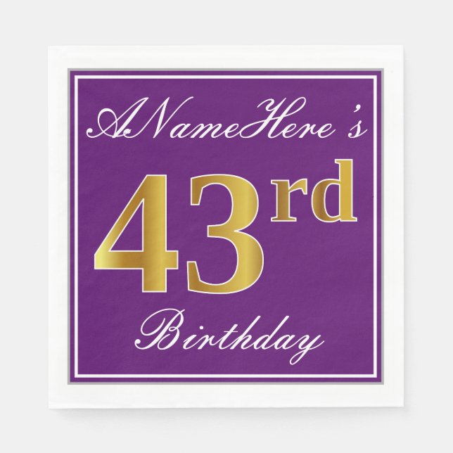 Elegant Purple, Faux Gold 43rd Birthday + Name Napkins (Front)