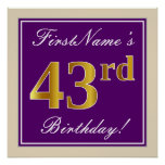 [ Thumbnail: Elegant, Purple, Faux Gold 43rd Birthday + Name Poster ]