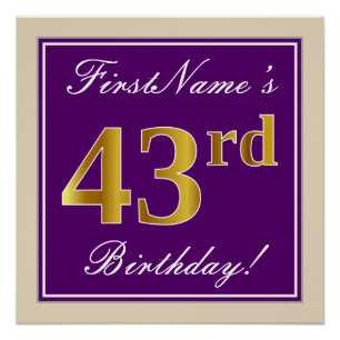 Elegant, Purple, Faux Gold 43rd Birthday + Name Poster
