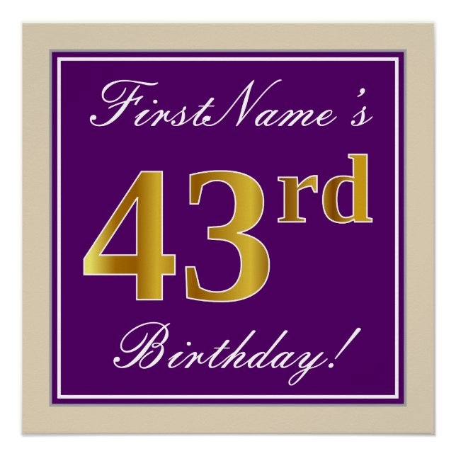 Elegant, Purple, Faux Gold 43rd Birthday + Name Poster (Front)