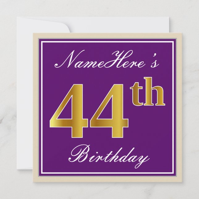 Elegant, Purple, Faux Gold 44th Birthday + Name Invitation (Front)