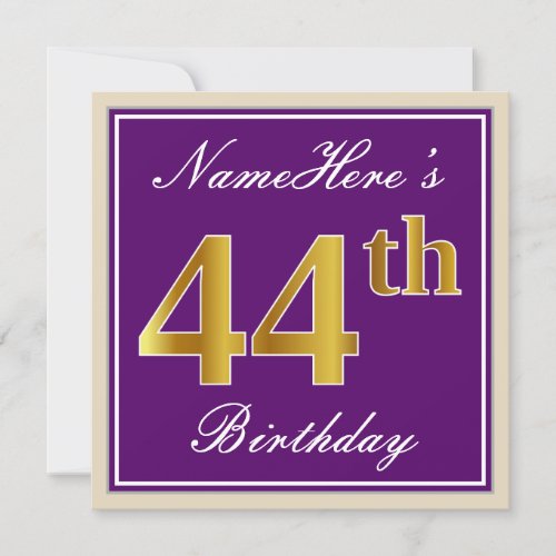 Elegant Purple Faux Gold 44th Birthday  Name Invitation
