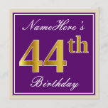 [ Thumbnail: Elegant, Purple, Faux Gold 44th Birthday + Name Invitation ]