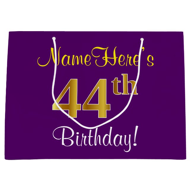 Elegant, Purple, Faux Gold 44th Birthday + Name Large Gift Bag (Front)