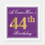 [ Thumbnail: Elegant Purple, Faux Gold 44th Birthday + Name Napkins ]
