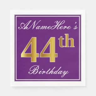 Elegant Purple, Faux Gold 44th Birthday + Name Napkins