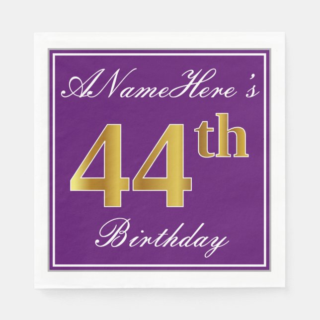 Elegant Purple, Faux Gold 44th Birthday + Name Napkins (Front)