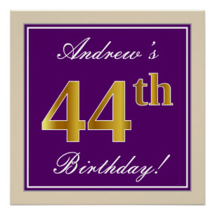 Elegant, Purple, Faux Gold 44th Birthday + Name Poster