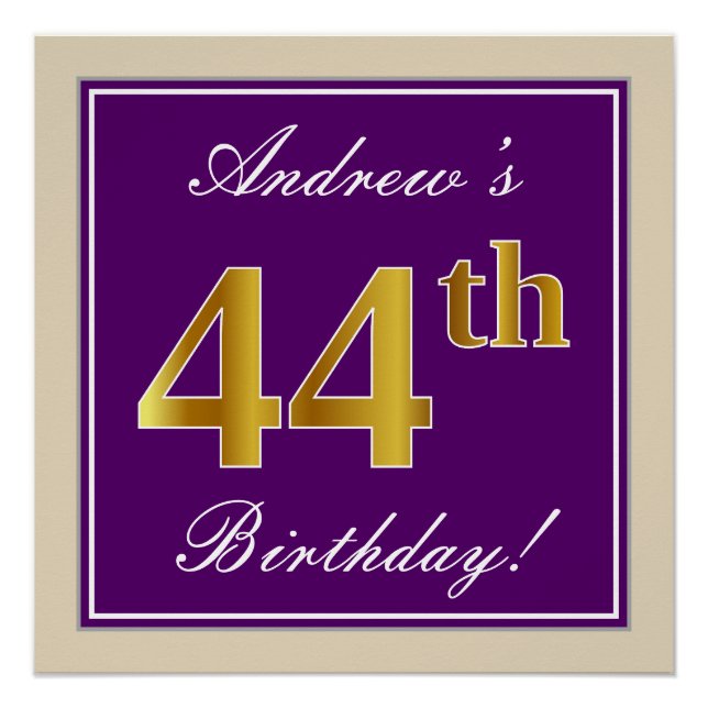 Elegant, Purple, Faux Gold 44th Birthday + Name Poster (Front)