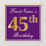 [ Thumbnail: Elegant, Purple, Faux Gold 45th Birthday + Name Invitation ]