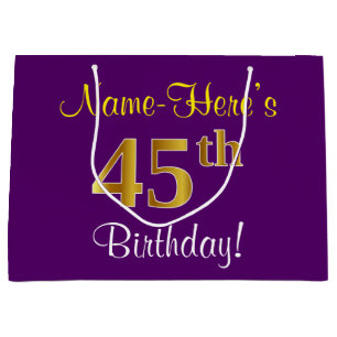Elegant, Purple, Faux Gold 45th Birthday + Name Large Gift Bag