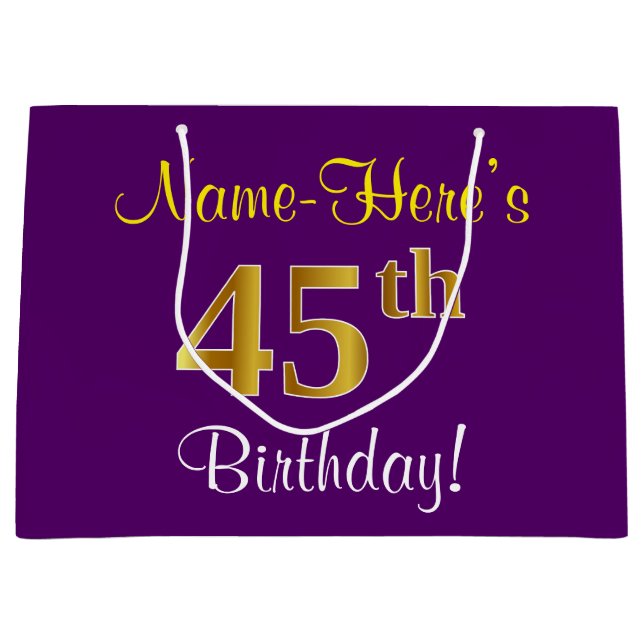 Elegant, Purple, Faux Gold 45th Birthday + Name Large Gift Bag (Front)