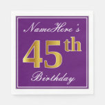 [ Thumbnail: Elegant Purple, Faux Gold 45th Birthday + Name Napkins ]