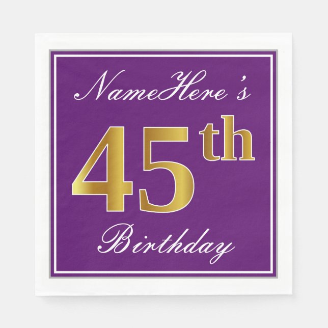 Elegant Purple, Faux Gold 45th Birthday + Name Napkins (Front)