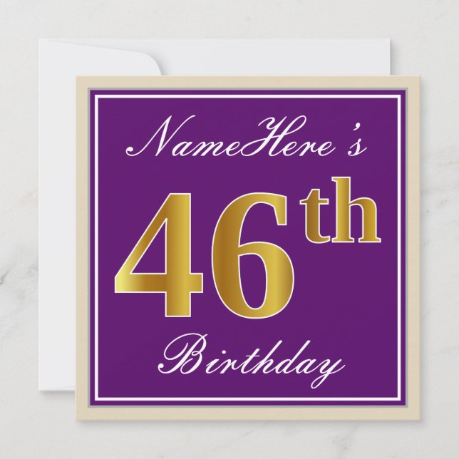 Elegant, Purple, Faux Gold 46th Birthday + Name Invitation (Front)