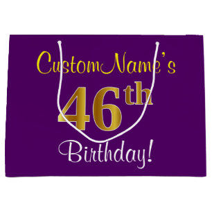 Elegant, Purple, Faux Gold 46th Birthday + Name Large Gift Bag