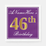 [ Thumbnail: Elegant Purple, Faux Gold 46th Birthday + Name Napkins ]