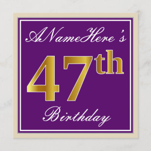 Elegant, Purple, Faux Gold 47th Birthday + Name Invitation