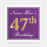 [ Thumbnail: Elegant Purple, Faux Gold 47th Birthday + Name Napkins ]