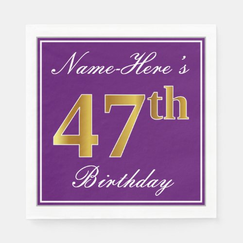 Elegant Purple Faux Gold 47th Birthday  Name Napkins