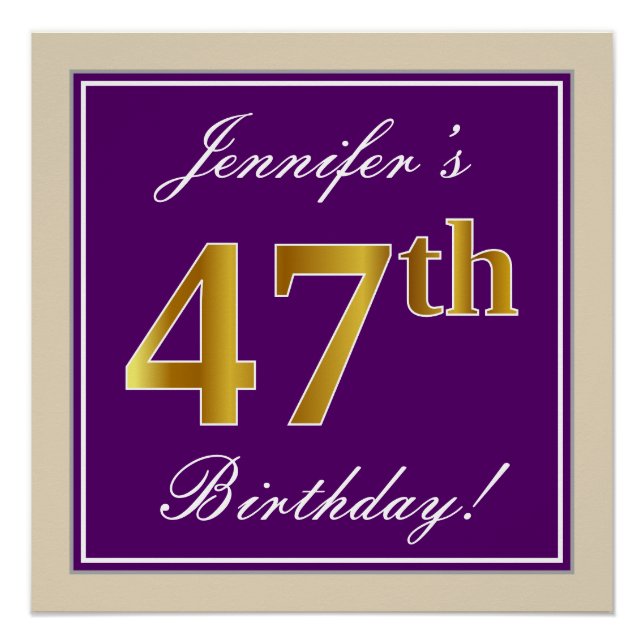 Elegant, Purple, Faux Gold 47th Birthday + Name Poster (Front)