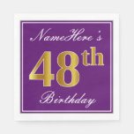 [ Thumbnail: Elegant Purple, Faux Gold 48th Birthday + Name Napkins ]