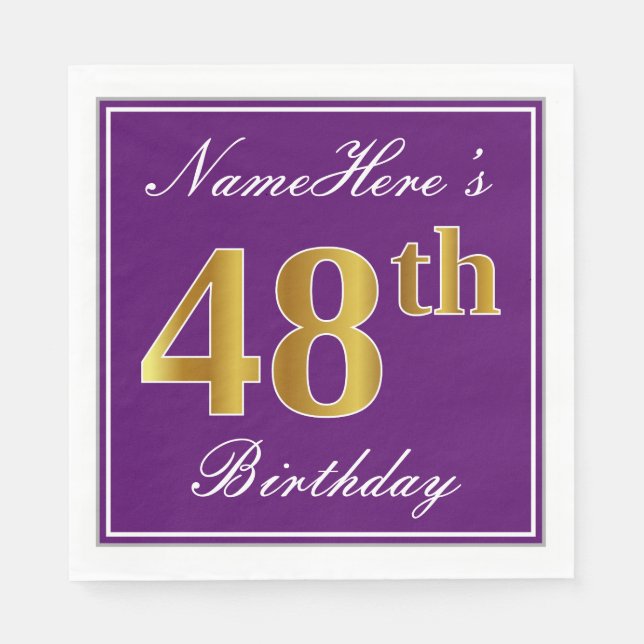 Elegant Purple, Faux Gold 48th Birthday + Name Napkins (Front)