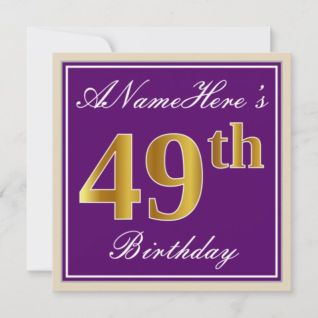 Elegant, Purple, Faux Gold 49th Birthday + Name Invitation (Front)
