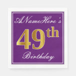 [ Thumbnail: Elegant Purple, Faux Gold 49th Birthday + Name Napkins ]