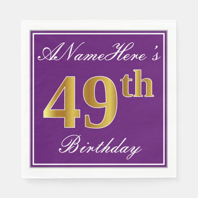 Elegant Purple, Faux Gold 49th Birthday + Name Napkins (Front)