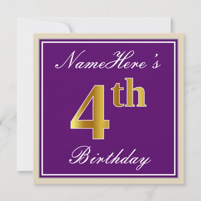 Elegant, Purple, Faux Gold 4th Birthday + Name Invitation (Front)