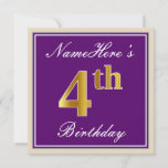 [ Thumbnail: Elegant, Purple, Faux Gold 4th Birthday + Name Invitation ]