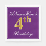 [ Thumbnail: Elegant Purple, Faux Gold 4th Birthday + Name Napkins ]