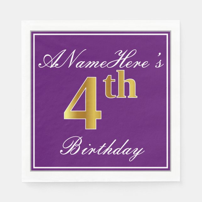 Elegant Purple, Faux Gold 4th Birthday + Name Napkins (Front)