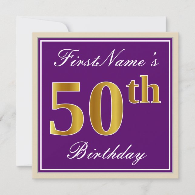Elegant, Purple, Faux Gold 50th Birthday + Name Invitation (Front)