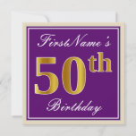 [ Thumbnail: Elegant, Purple, Faux Gold 50th Birthday + Name Invitation ]