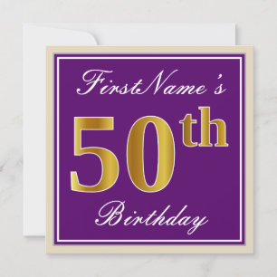 Elegant, Purple, Faux Gold 50th Birthday + Name Invitation