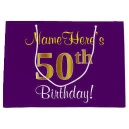 Elegant, Purple, Faux Gold 50th Birthday + Name Large Gift Bag
