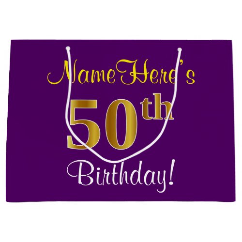 Elegant Purple Faux Gold 50th Birthday  Name Large Gift Bag