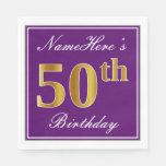[ Thumbnail: Elegant Purple, Faux Gold 50th Birthday + Name Napkins ]