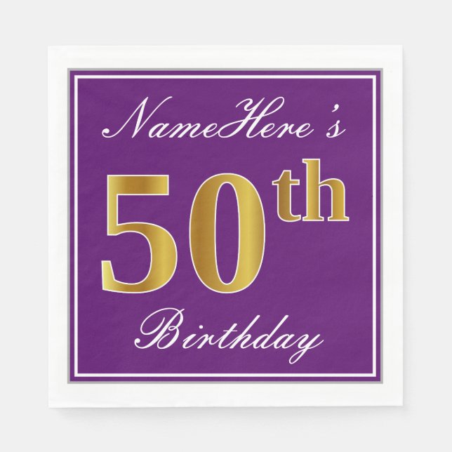 Elegant Purple, Faux Gold 50th Birthday + Name Paper Napkins (Front)