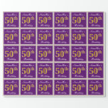 [ Thumbnail: Elegant, Purple, Faux Gold 50th Birthday + Name Wrapping Paper ]