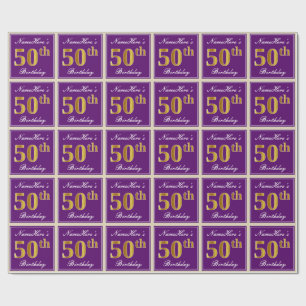 Elegant, Purple, Faux Gold 50th Birthday + Name Wrapping Paper