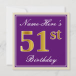 [ Thumbnail: Elegant, Purple, Faux Gold 51st Birthday + Name Invitation ]