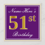 [ Thumbnail: Elegant, Purple, Faux Gold 51st Birthday + Name Invitation ]